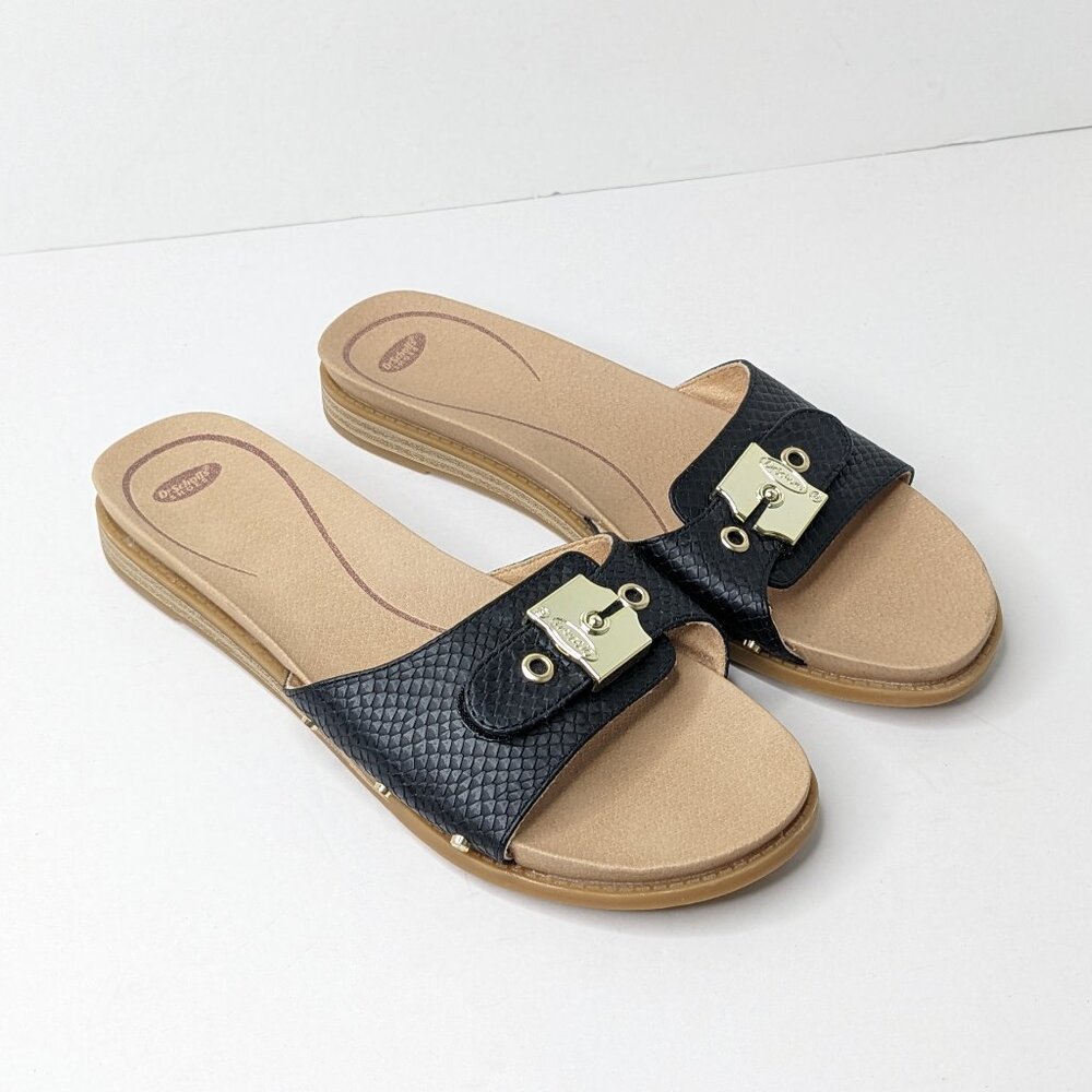 Dr. Scholl's Black and Tan Slide Sandals with Gold Accent
